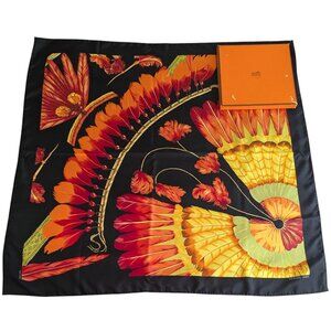 HERMES Vintage Brazil Detail Black Red 90 cm Silk Square Scarf Box Excellent